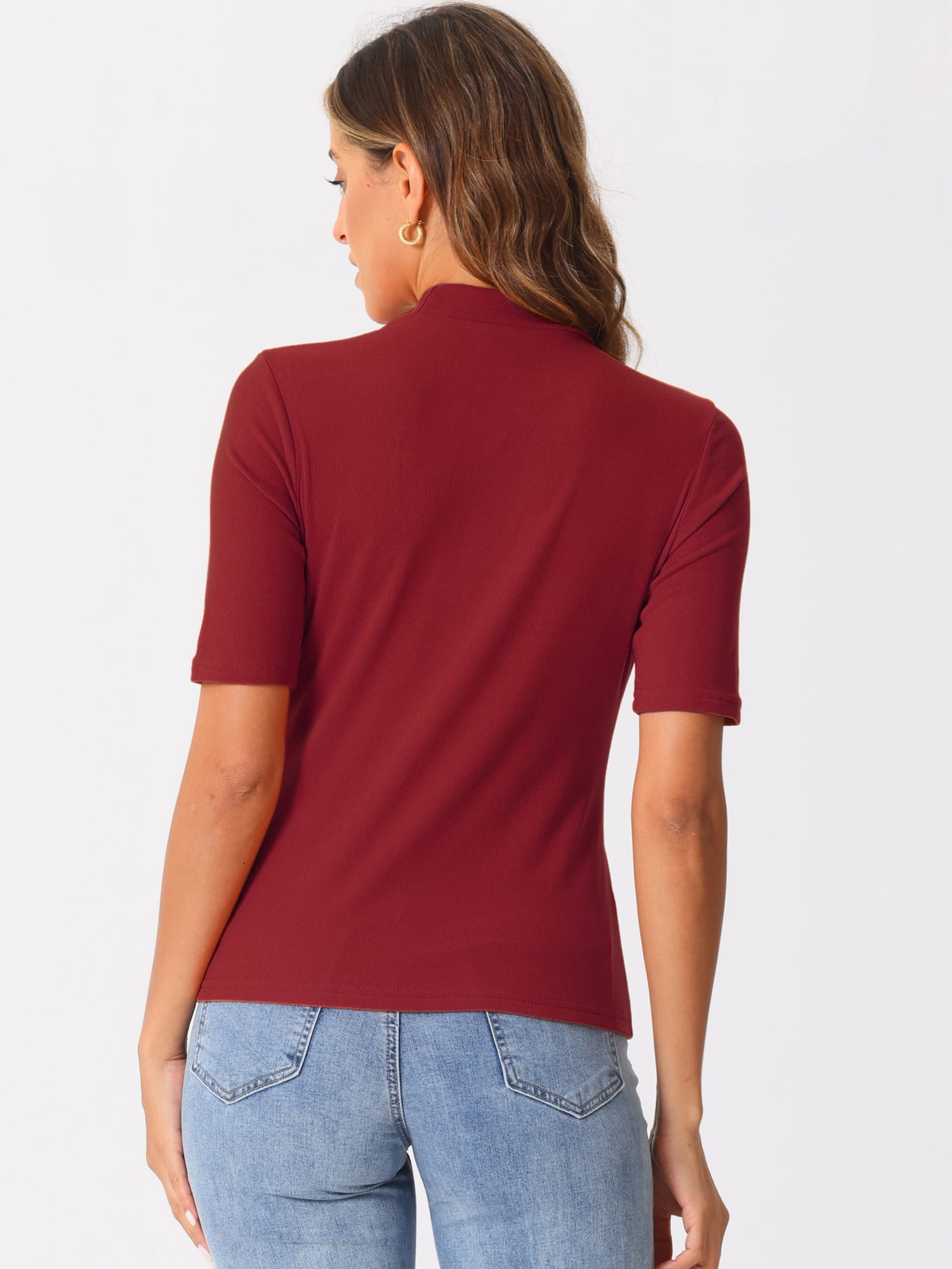 DARING DIVA Women's Half Sleeve Mock Turtleneck Casual Top M Dark Red