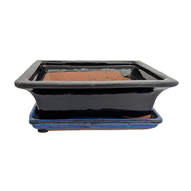 Ceramic Bonsai Pot/Attached Saucer NavyBlue/Black 8" x 6.25" x 3