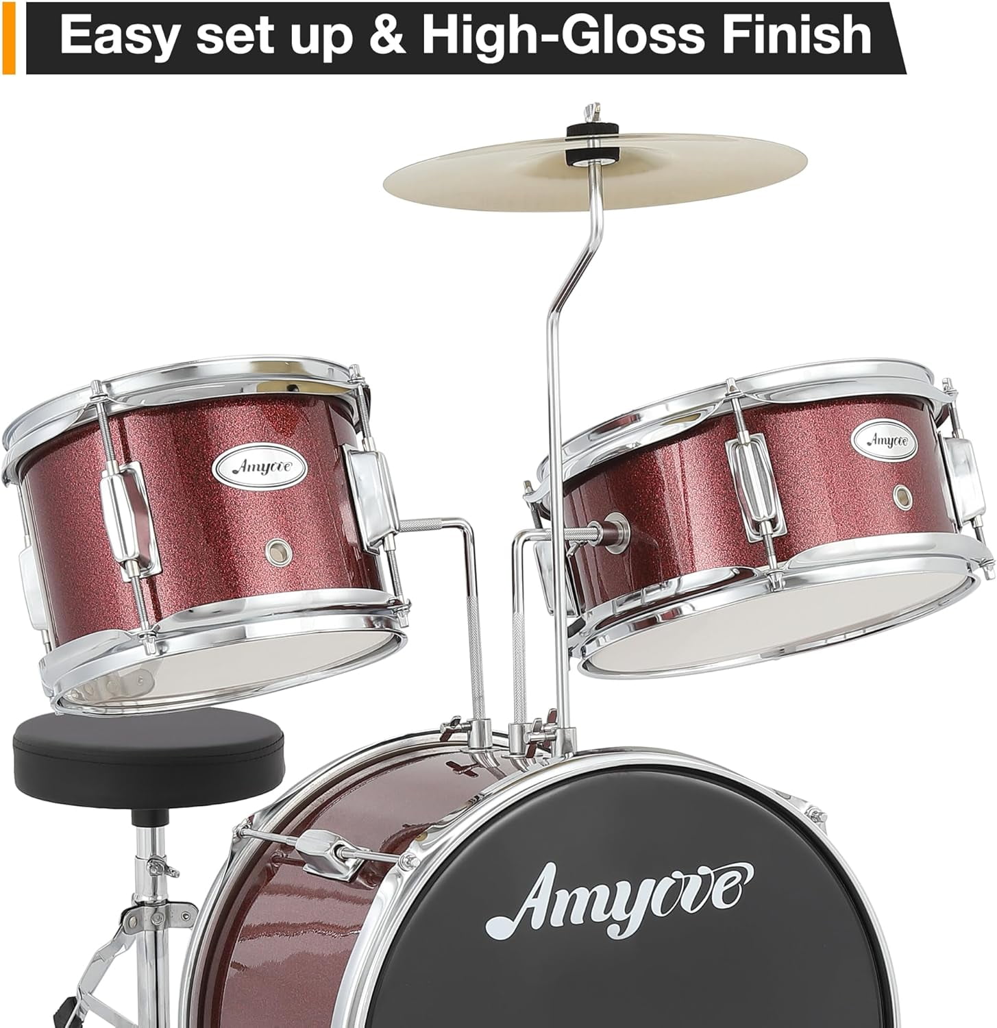 3 Piece Kids Drum Set With Cymbal-2 Drumsticks-Pedal-2 Toms-Throne Stool-Musical Instruments For Boys And Girls,Red