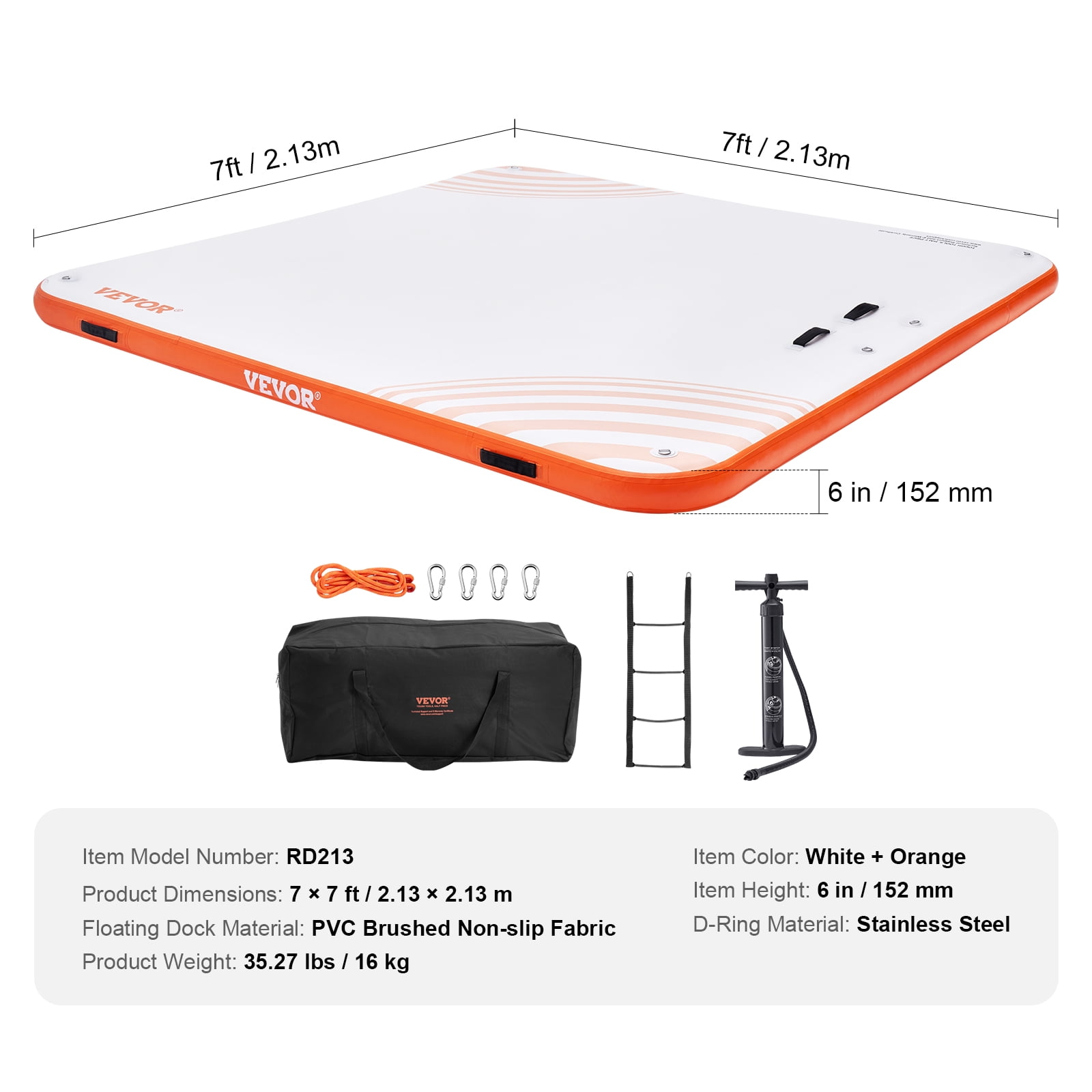 VEVOR Inflatable Floating Dock, 7 x 7FT Inflatable Dock Platform, Non-Slip Water Floating Dock Mat with Portable Carrying Bag & Detachable Ladder, Floating Platform Island Raft for Pool Beach Ocean