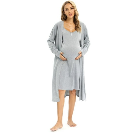 

Baywell Maternity Nursing Nightgown Womens Sleeveless V-Neck Breastfeeding Sleep Dress and Long Sleeve Cardigan 2 Pieces for Pregnant Gray US 6