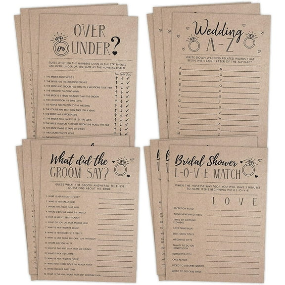 Bridal Shower Bachelorette Games, Rustic Kraft, Word Match, What Did The Groom Say, Over and Under, Wedding Alphabet, 25 games each