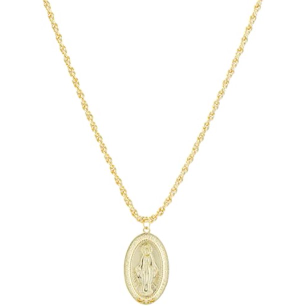 14K. Gold Virgin Mary Necklace, Miraculous Medal Coin Necklace for
