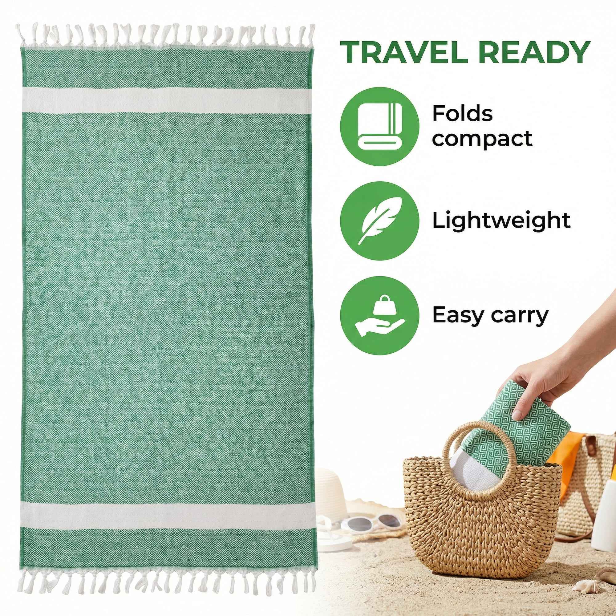 Unique Bargains Geometric Sandproof Turkish Beach Towel Dark Green 71"x40"