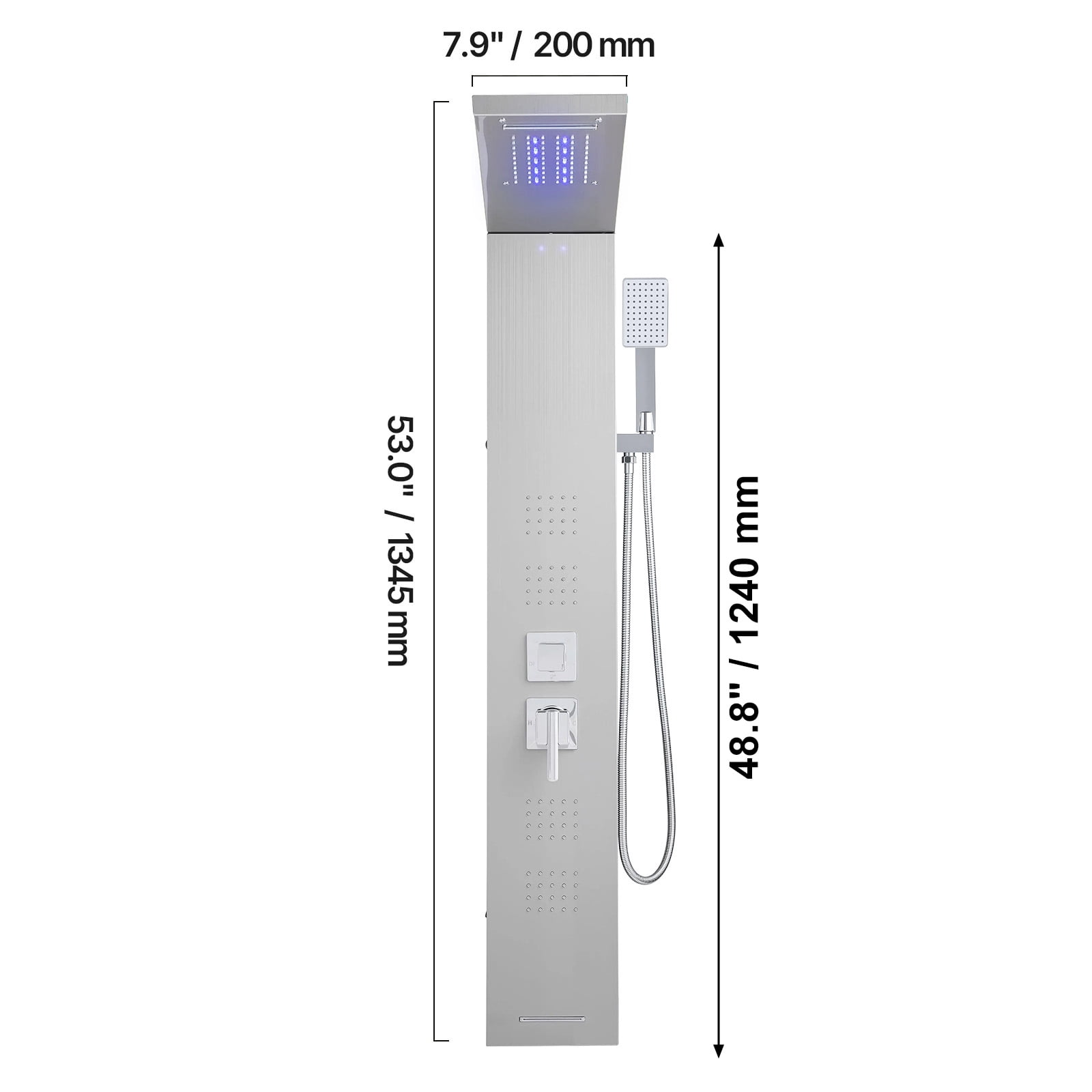 KFFKFF Shower Panel Tower System, Incorporating Rainfall Waterfall Shower Head, LED, 53 in Brushed Stainless Steel Shower Column, 5-Function Faucet, Wall-Installed Rain Massage System