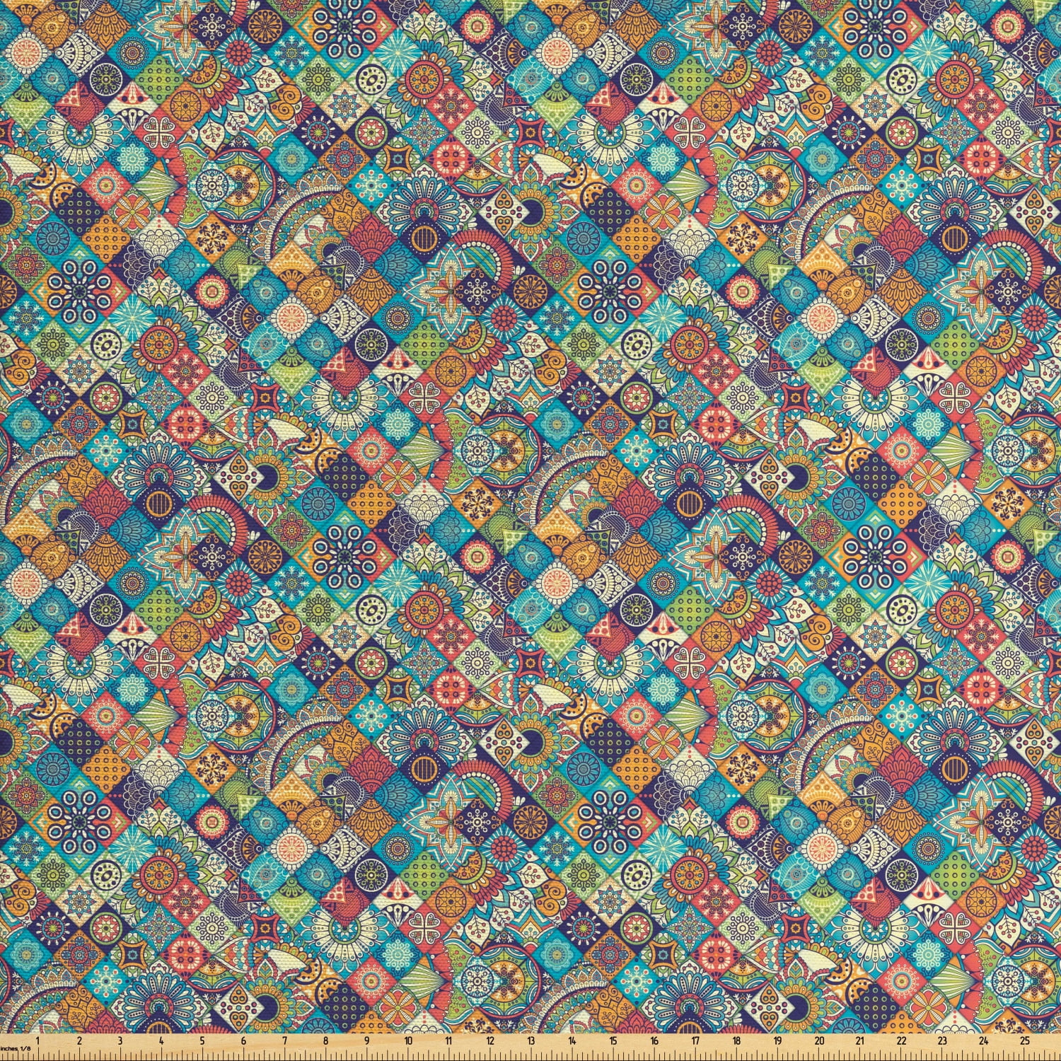 Bohemian Fabric by The Yard, Geometric Pattern with Ornamental Floral