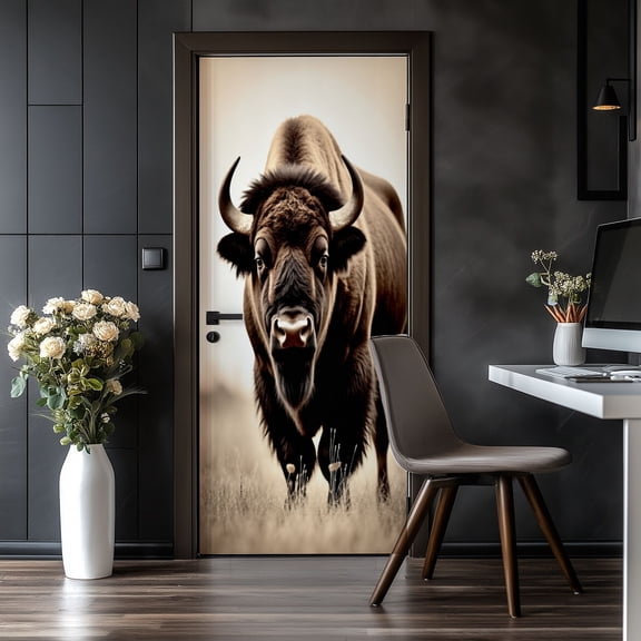 Door Stickers Peel and Stick Door Mural Bison Buffalo Nature inspired Decor Log Cabin Removable Wallpaper 30.3''x78.7'' Self-Adhesive Mural for Kitchen Living Room Bedroom Decor