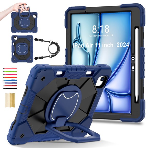 for iPad Air 6th Generation 11" 2024 M2 A2902/A2903/A2904 with Pencil Holder/360° Rotating Kickstand/Grip Handle/Shoulder Strap Kids Girls Heavy Duty Protective 3-Layers Cover, Darkblue Black