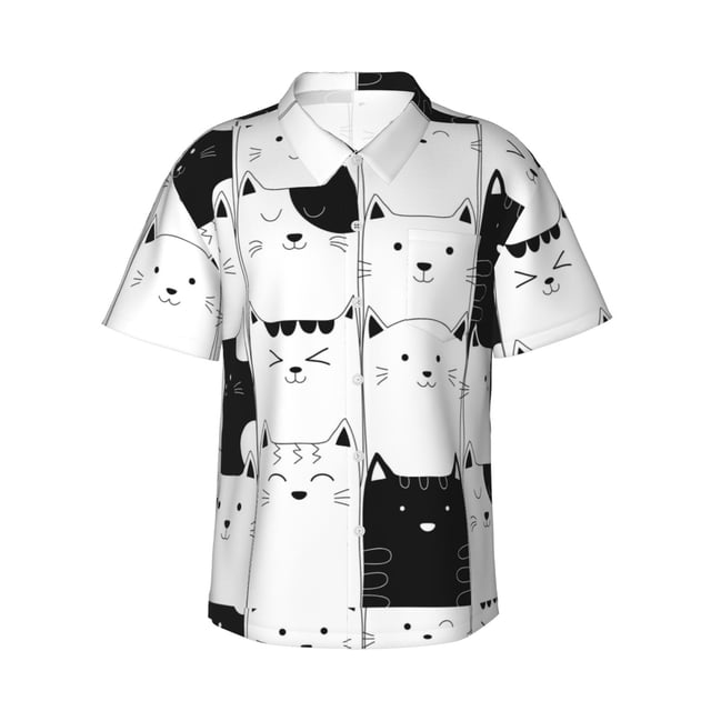 Balery Doodle Cute Cat Camisas hawaianas de manga corta para hombre, camisas playeras de corte holgado, camisas de vacaciones con botones,X-Large