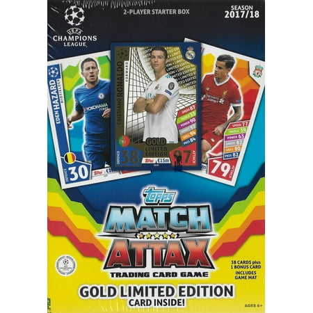 Enclosure Card Matches 2017 2018 Topps UEFA Champions League Soccer Trading Card Match Attax Game Sealed Two Player Starter Box with 38 Cards and a Bonus Gold Limited Edition Cristiano Ronaldo Card ()