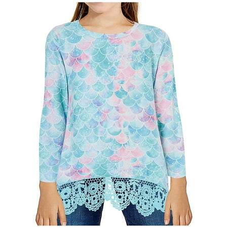 

Augper Baby Girl Clothes Long Sleeve Fall Winter Clearance Girls Casual Lace Tunic Tops Long Sleeve Loose Blouse 3D Mermaid Scales T-Shirt Blue
