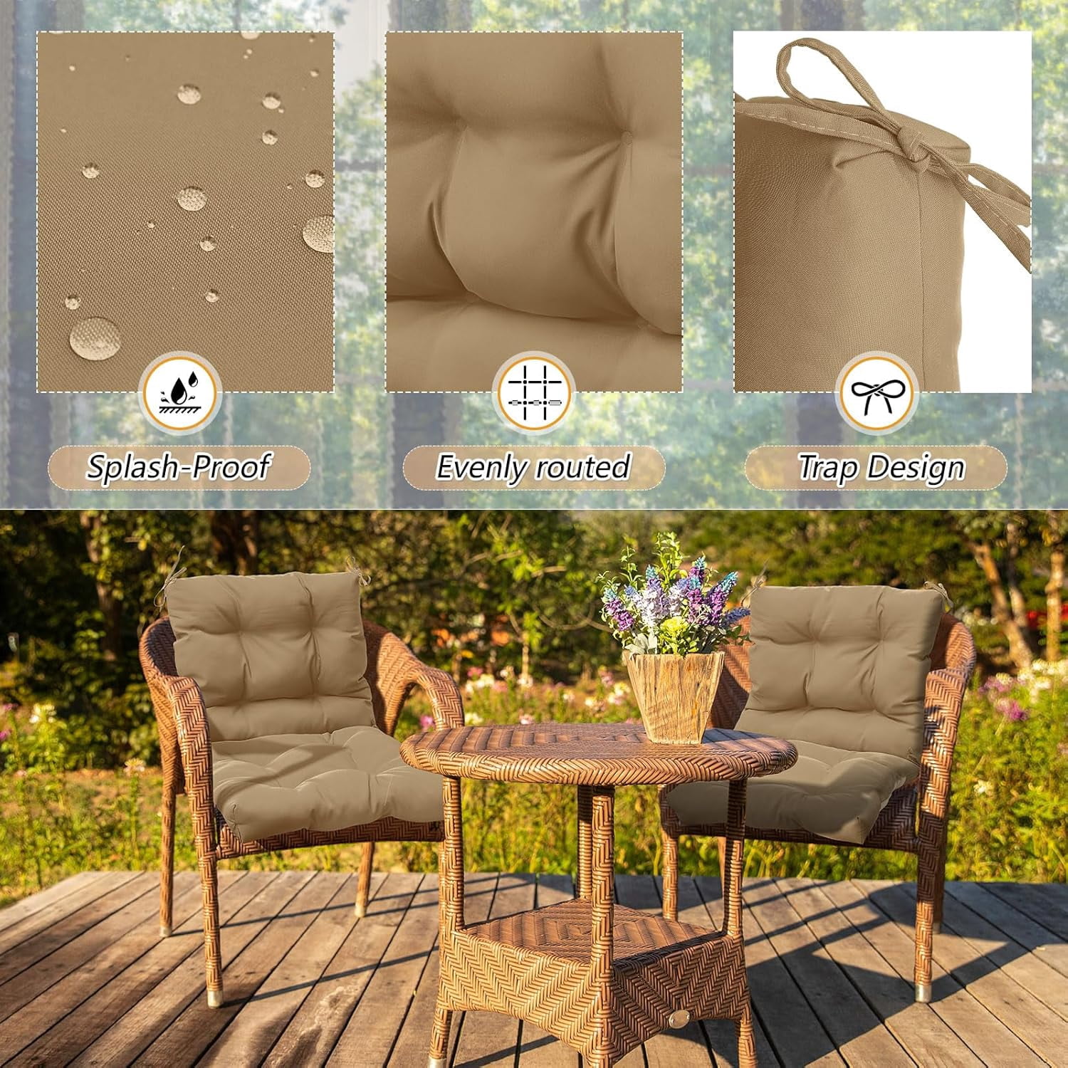 4 Pcs Outdoor Indoor High Back Chair Cushions Patio Furniture Tufted Pillow with Ties Water-Resistant Replacement Outdoor Rocking Chair Cushions, 42 x 21 Inches (Dark Brown,Solid Color)