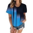 thumbnail image 1 of Mujer Cuello Redondo Top Color Contraste Impresión Digital Manga Corta Suelta Verano Casual Camiseta Azul L, 1 of 5