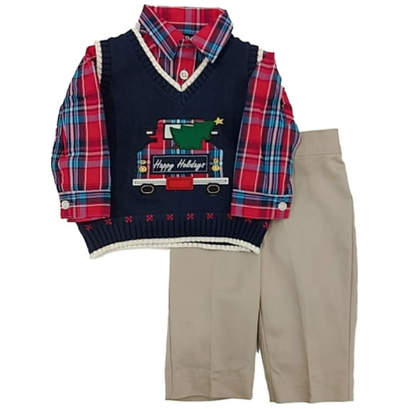 IZOD Infant Boys Dress Up Blue Vest Khaki Pants & Plaid Shirt Outfit Set 18M