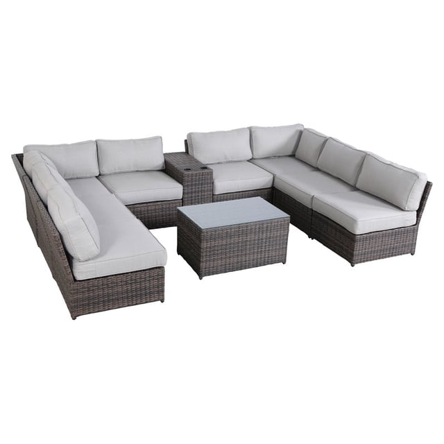 Living Source International Ensemble Sectionnel en Rotin 10 Pcs avec Coussins Marron