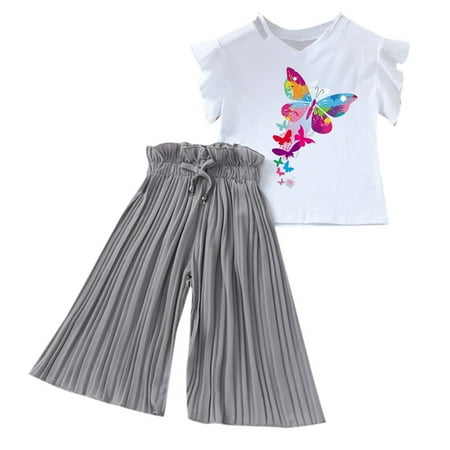 

Girl s Clothes Outfits Casual Baby Toddler Kids Sets Summer Sunflower T Shirt Tops Chiffon Ruched Loose Pants Children Comfortable Outerwear Suits Grey 4-5 Years
