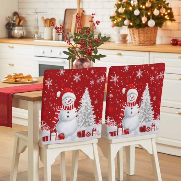 Christmas Snowman Chair Covers Set of 4 Red Snowman Xmas Tree Snowflakes Winter Chair Back Covers Stretch Removable Washable Slipcovers Protector for Dining Room Kitchen Party Decor