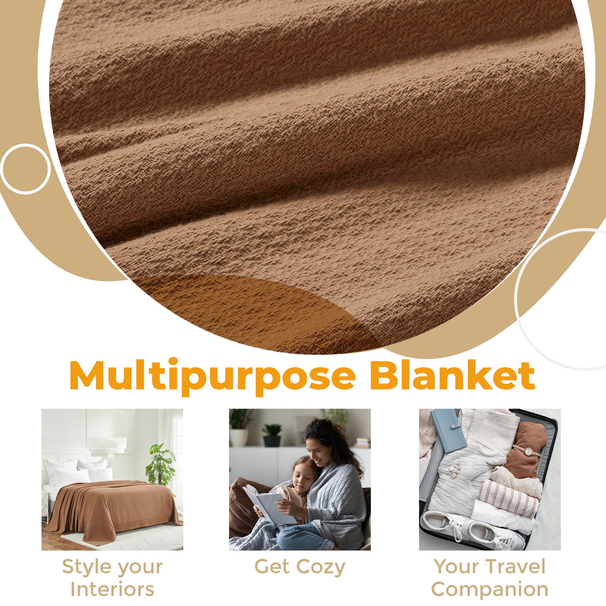 Superior Waffle Weave Cotton Blanket, Throw Size, Camel