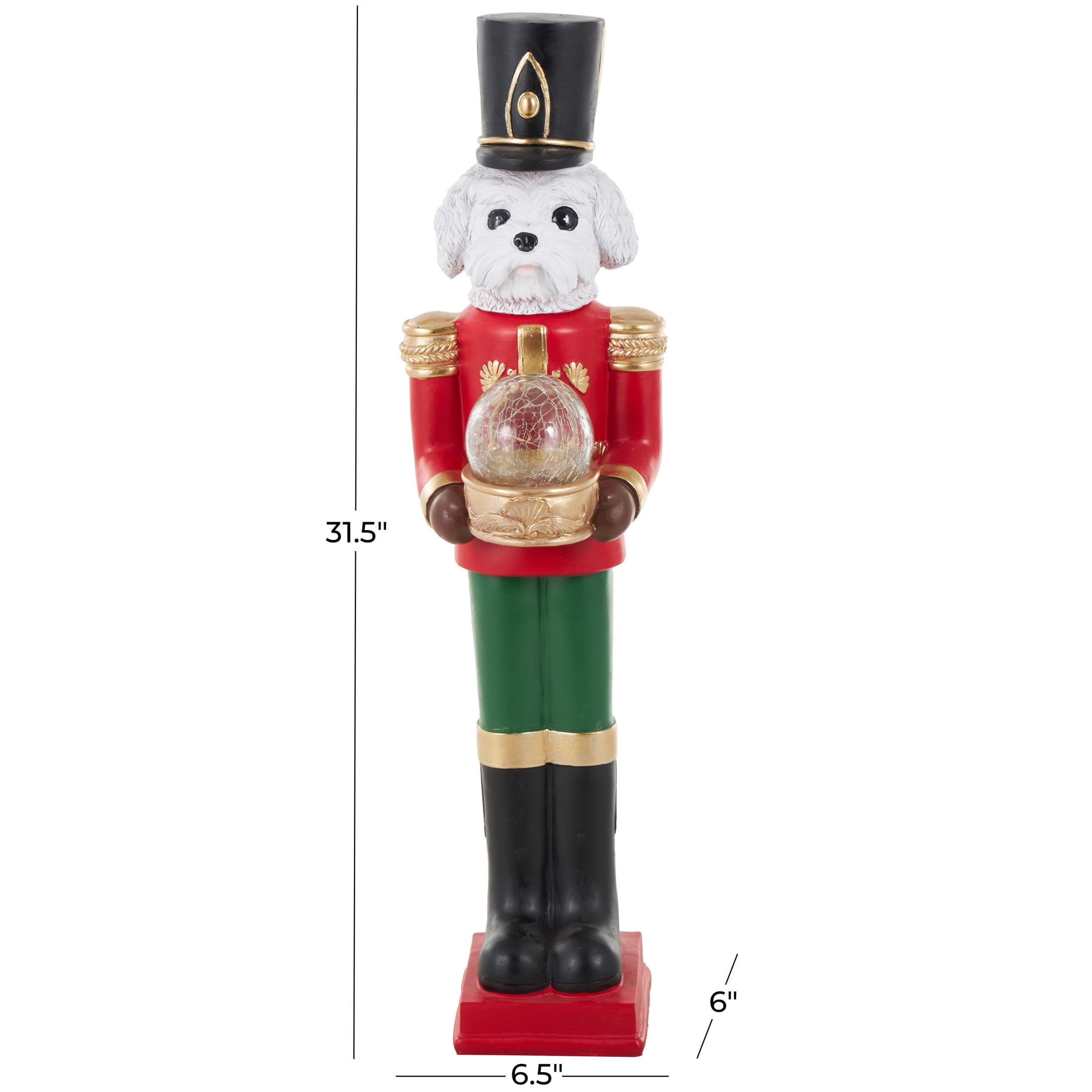 6" x 32" Red Fiberglass Tall Soldier Nutcracker Dog Christmas Sculpture with LED Light Snow Globe, by DecMode