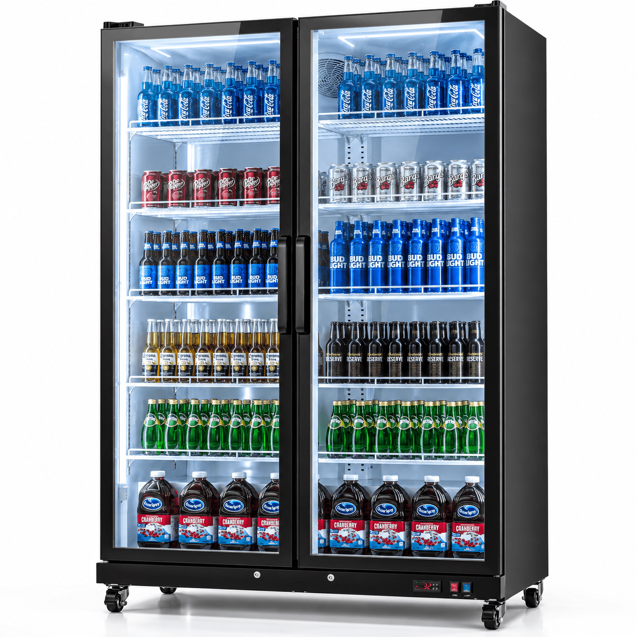 Yeego 37.8 Cu.Ft Commercial Drink Display Cooler, Double Glass Door Beverage Refrigerator with Dual LED, 32‑50℉ Temp Control for Bar Restaurant Convenience Store