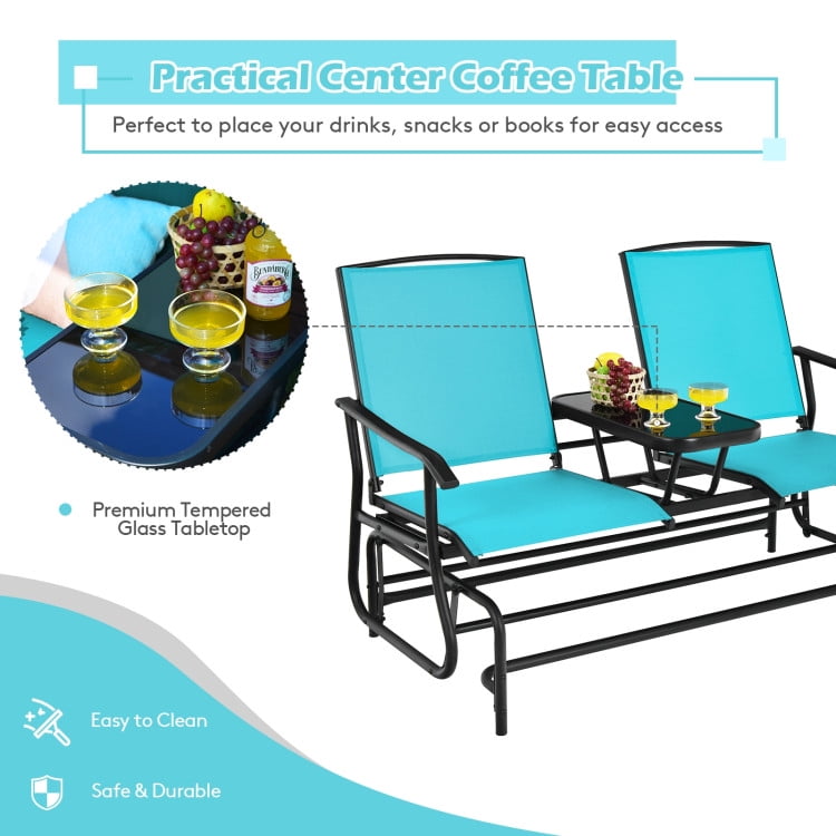 Aimee Lii Outdoor Patio Furniture Set, 2-Person Double Rocking Loveseat with Mesh Fabric and Center Tempered Glass Table, Turquoise