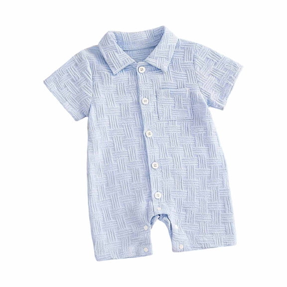 OSOLU Summer Baby Rompers For Boys Infant Short Sleeve Button Down Collared Solid Color Textured One Piece Shorts Jumpsuit 0-18M Lovely Onesie