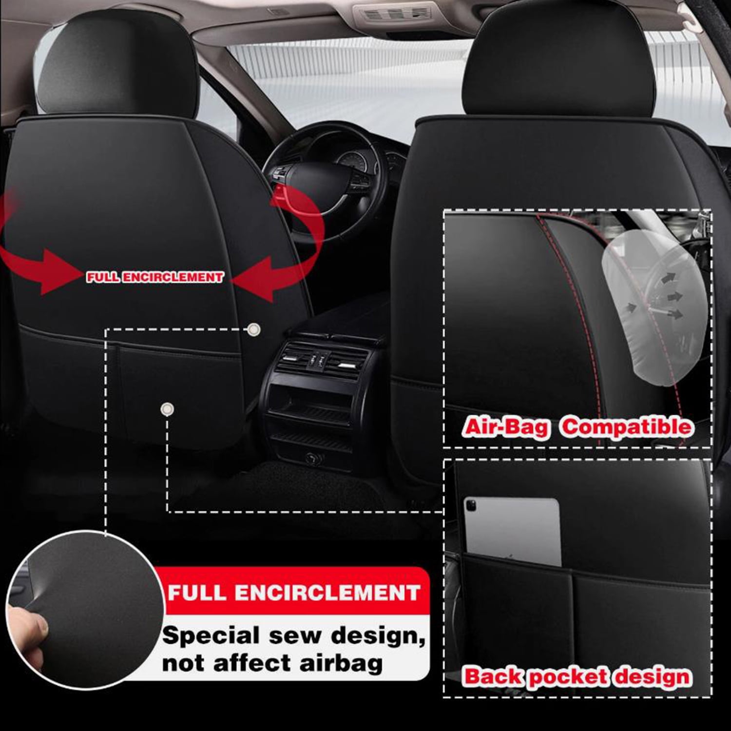 Car Seat Covers Full Set Fit for Toyota RAV4 2013-2026 Waterproof Leather 5 Seat Covers Automotive Seat Cushion Seat Protectors with Airbag Compatible (Black&Redline)
