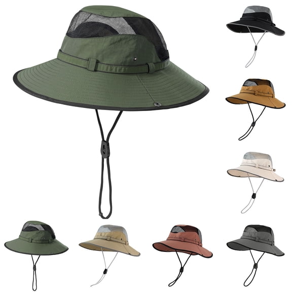 Men Women UPF 50 Fishing Sun Hat, Extra Wide Brim Bucket Cap for Hiking Camping Breathable Outdoor Safari Hat with Chin Cord Black One Size