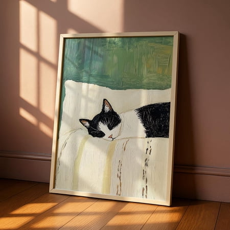 Sleeping Tuxedo Cat Wall Art Print, Unframed Paper Poster 8x10in