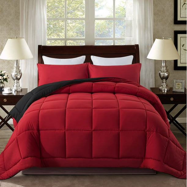 Juego de edredón DOWNCOOL Queen con 2 fundas de almohada, color rojo y negro