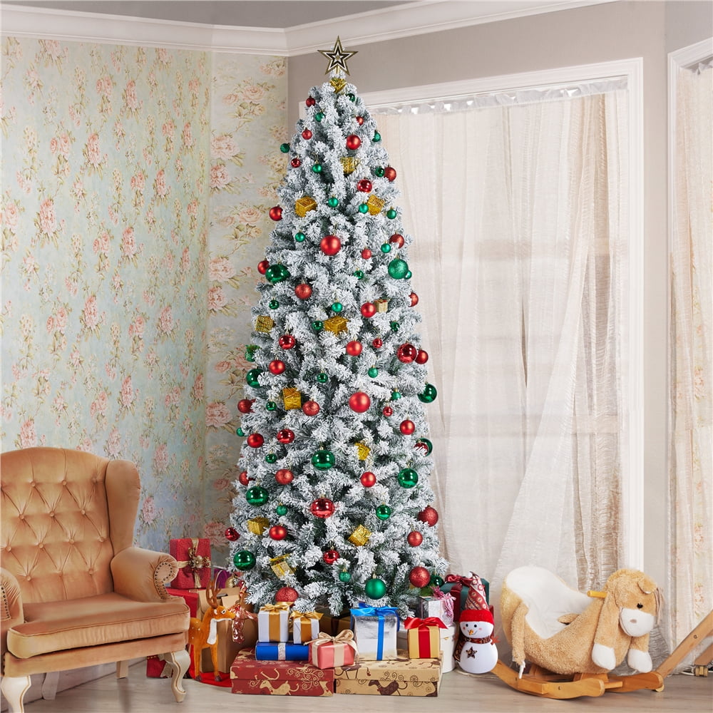Alden Design 7.5 Ft Unlit Hinged Artificial Spruce Slim Christmas Tree, Frosted White