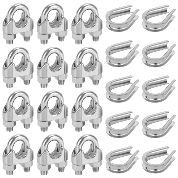 12 PCS M5 Wire Rope Clamps, 10 PCS M5 Wire Rope Thimbles, 3/16 in Stainless Steel Cable Clamp Ferrule Kit, U-Bolt Wire Rope Clamps and Sleeves Set, Secure Connection, Easy to Install