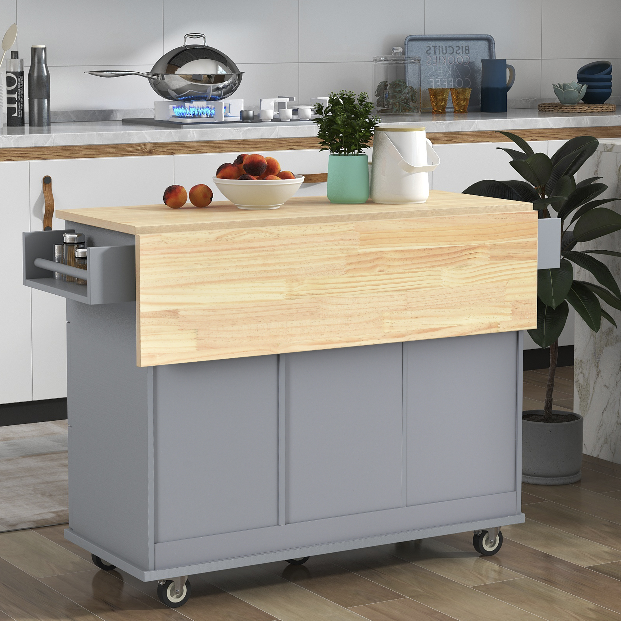 EUROCO Rolling Mobile Kitchen Island with Solid Wood Top and Locking Wheels, Storage Cabinet and Drop Leaf Breakfast Bar, Towel Rack & Drawers, Gray