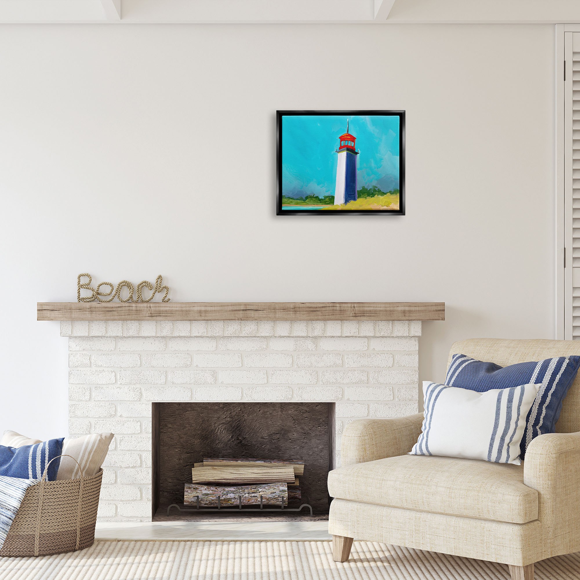 Stupell Industries Vivid Blue Lighthouse Nature Painting Black Floater Framed Art Print Wall Art, 21 x 17