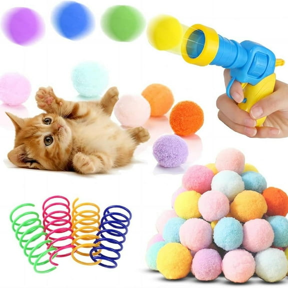 Low Noise Interactive Cat Ball Launcher Gun, 1 Noise-Reduced Launcher (New Upgraded), 50 Pcs Colorful Silent Plush Pom Pom Balls, with 8 Pcs Cat Spring Toy