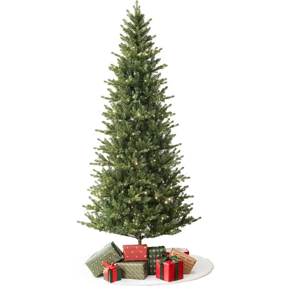 Christmas Alpine Pine Tree Pre-Lit 1,489 Tips, 382 Warm LED Lights, Foldable Stand, Flame-Resistant, 6.5ft