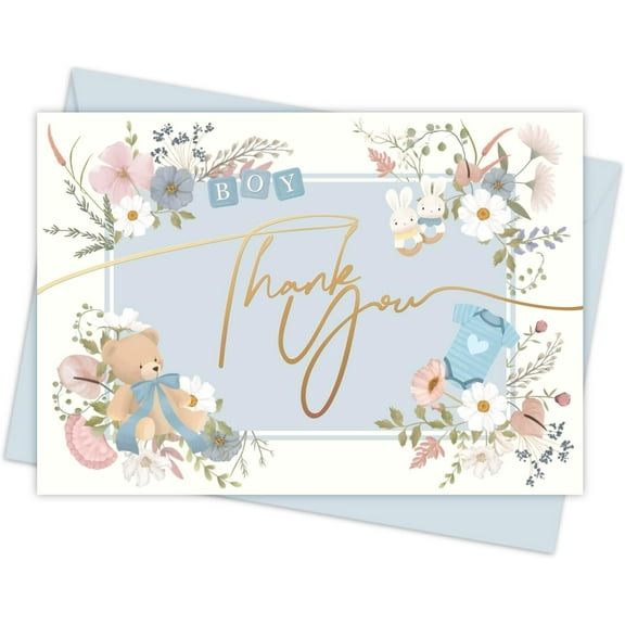 Boy Baby Shower Thank You Cards with Teddy Bear Design – Elegant Floral Theme – Blank Inside with Envelopes – Perfect for New Parents Expressing Gratitude