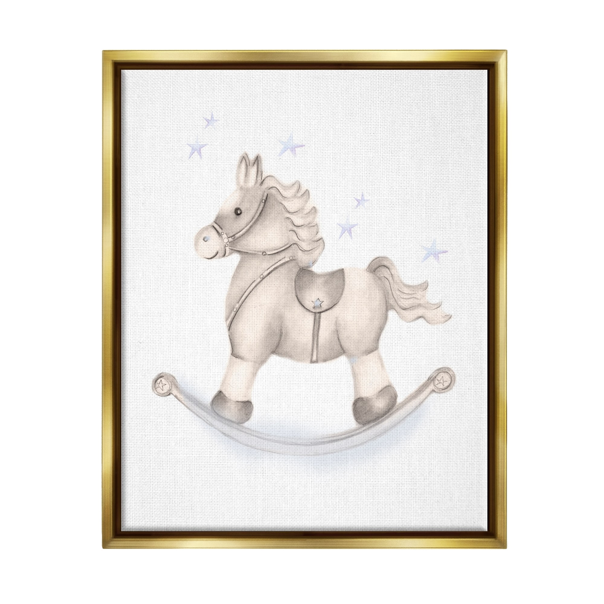 Stupell Industries Gentle Rocking Horse Blue Stars Nursery Playroom Graphic Art Metallic Gold Floating Framed Canvas Print Wall Art, Design by Studio Q