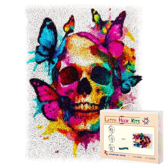 Latch Hook Rug Kit Skull with Colorful Butterflies Pre-printed Handmade Carpet Crochet Yarn Craft DIY Hook and Latch Door Mat Tapestry for Home Floor Decoration 52x38cm-1