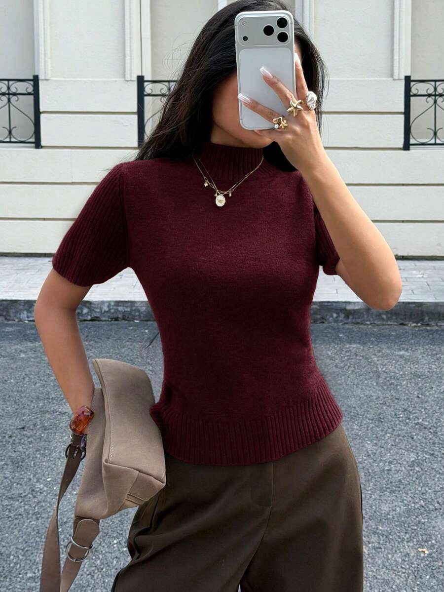 Women Solid Burgundy Short Sleeve Turtleneck Knit Top, Ribbed Texture Mock