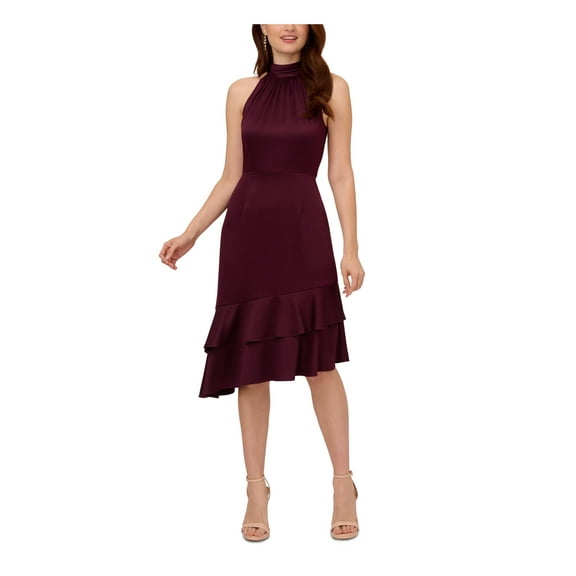 ADRIANNA PAPELL Womens Purple Ruched Zippered Double Ruffled Asymmetric Hem Sleeveless Halter Below The Knee Party Fit Flare Dress 10