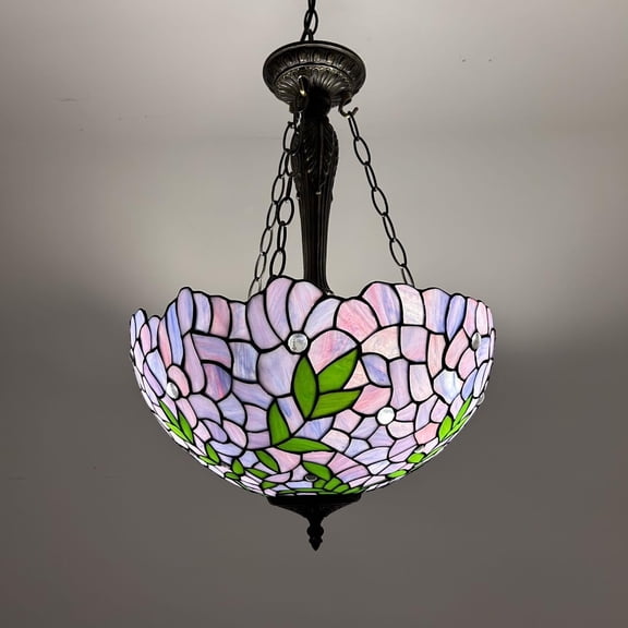 Tiffany Pendant Lights Ceiling Light Purple Stained Glass Green Leaves LED Bulbs Included for Dining Room Living Room Bedroom16"W*16"D*60"H