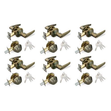 Antique Brass Entry Lock Set Door Lever Handle and Deadbolt Keyed Alike KW1 Keyway