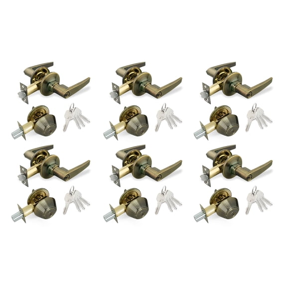 Antique Brass Entry Lock Set Door Lever Handle and Deadbolt Keyed Alike KW1 Keyway