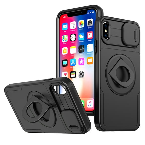 AUshell for iPhone Xs Max Case, Slide Camera Window Compatible wth MagSafe Rotating Kickstand Ring Silicone Military-grade Drop Resistant for iPhone Xs Max Magnetic Shockproof Shell, Black