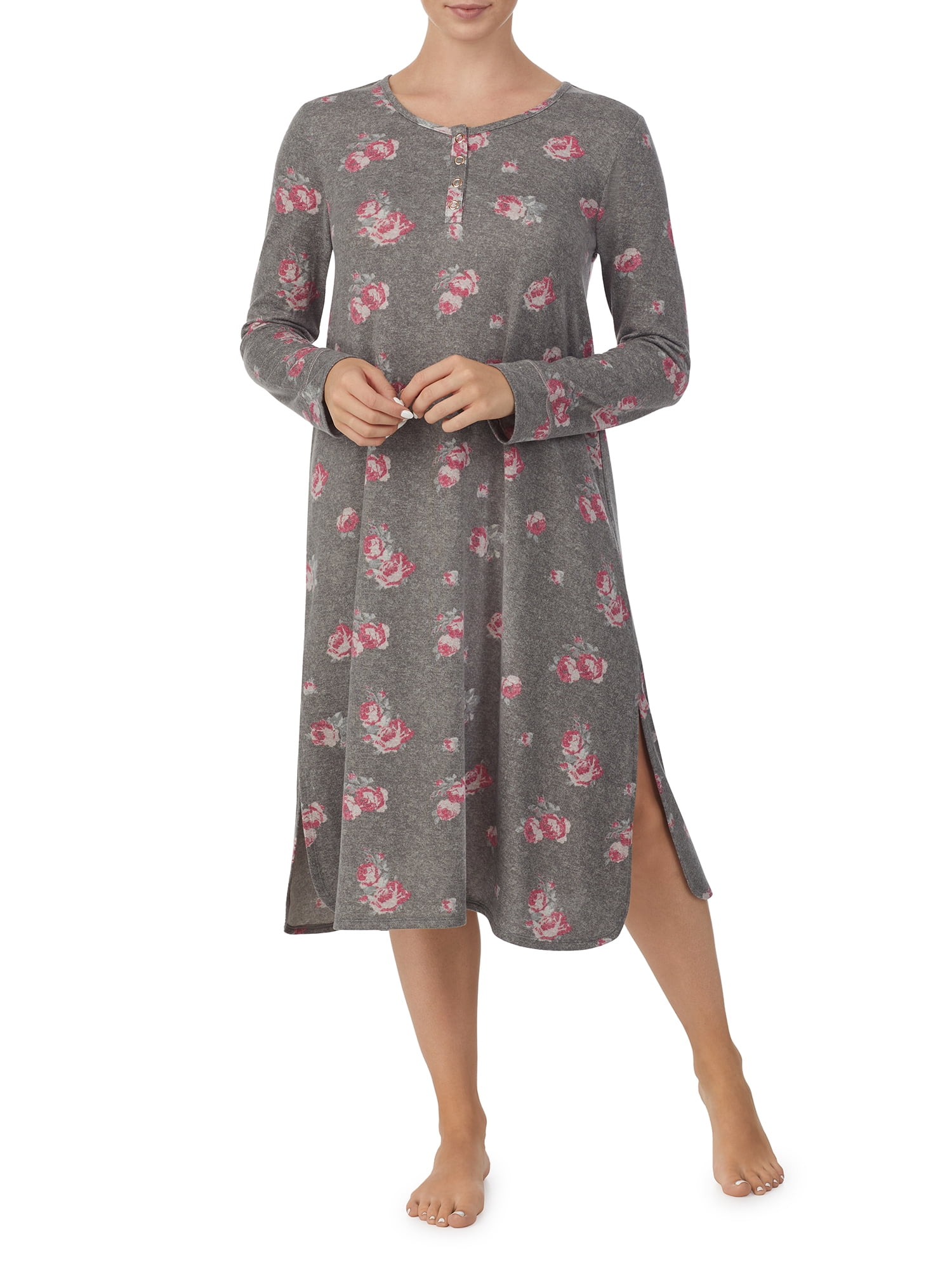 Ellen Tracy Long Sleeve Henley Knee Length Super Soft Nightgown (Women's or Women's Plus) 1 Pack, Size: Small, Gray