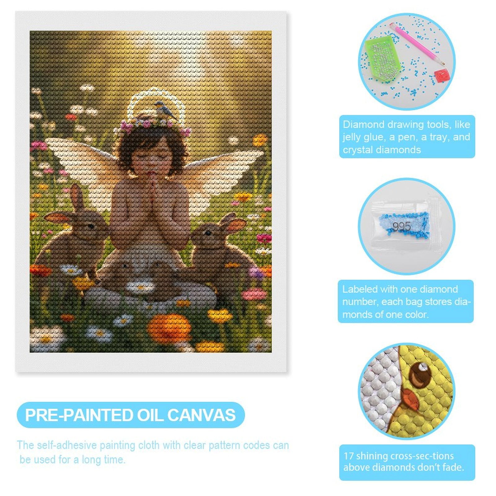 Diamond Art Kits for Adults, Angel Praying In Flower Field 5D Diamond Painting Kits for Adults Beginners, DIY Full Drill Diamond Painting, Gem Art and Crafts 12x16