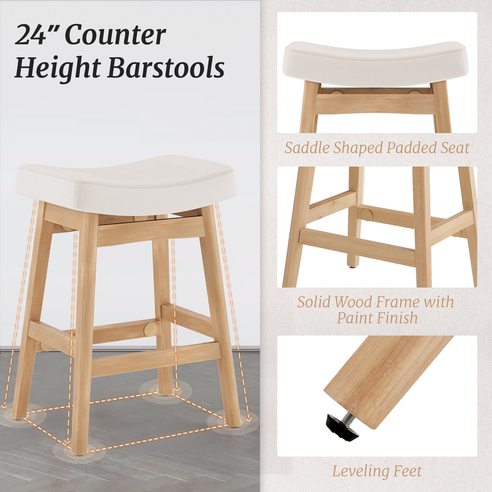 Dycanpo Saddle Seat Counter Height Bar Stools Set of 3 for Kitchen, Dining, 24in, Beige-Fabric