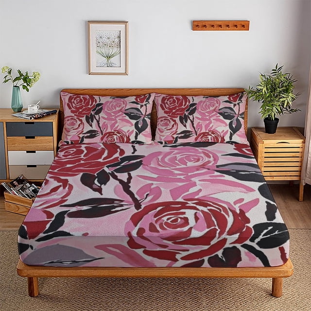 Flower Fitted Sheet Set with Pillowcase 3D Rose Printed Bedding Set Home Bedroom Decor,Queen (60"x80")