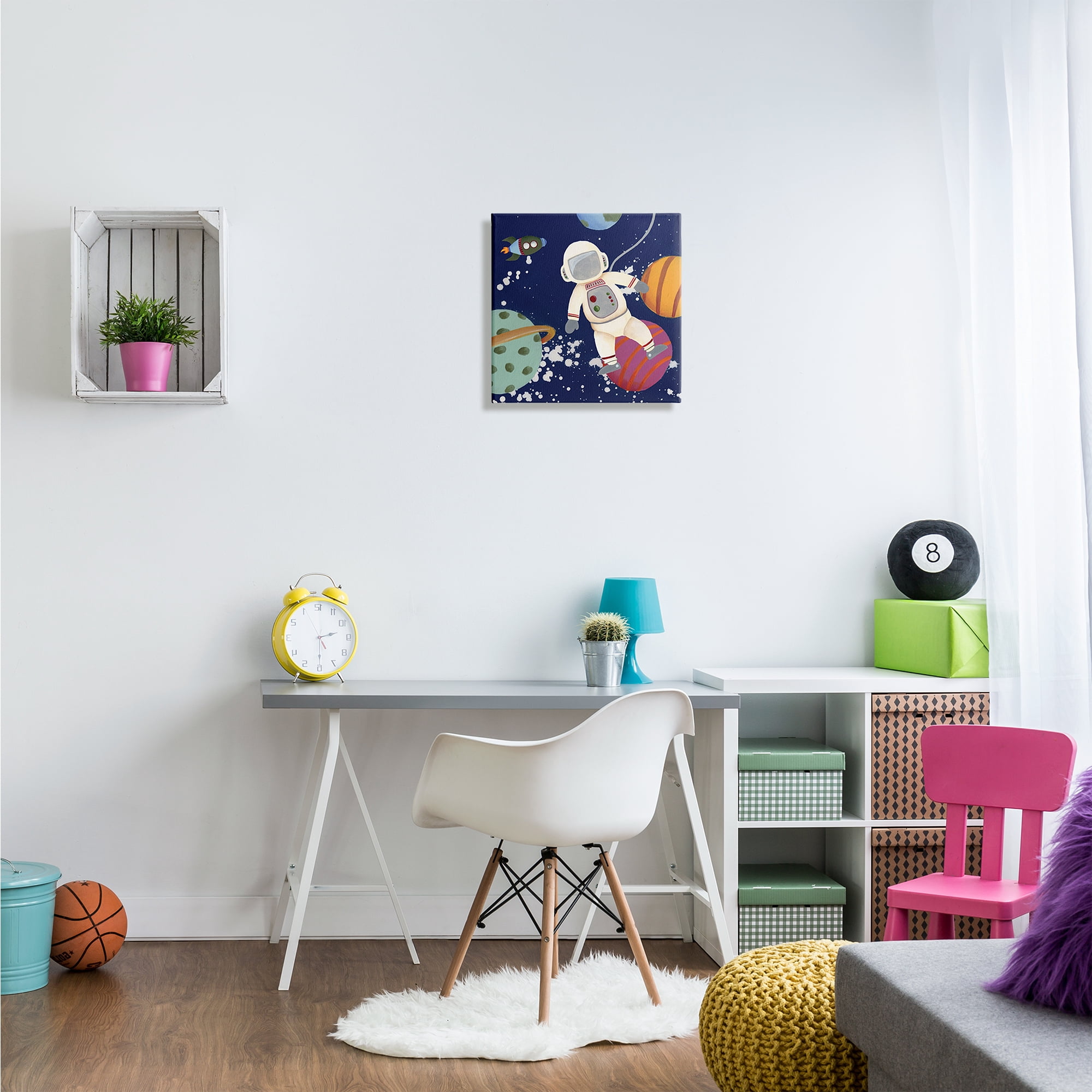 Playful Astronaut Floating In Space Planets Rocketship Novelty Gallery-Wrapped Canvas Print Wall Art, 17x17